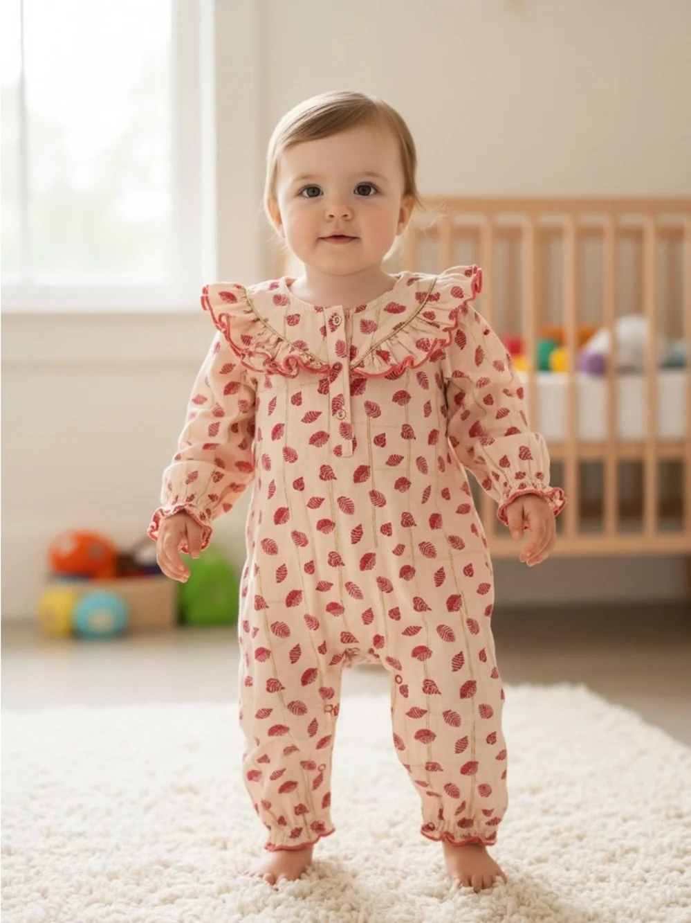 Egg New York Cream & Pink Leaf-Print Ruffle Footed One-Piece Baby Girl 6M